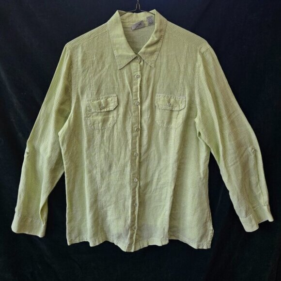 100% Linen Chico's Light Green Check Button-Up Shirt - Picture 1 of 3